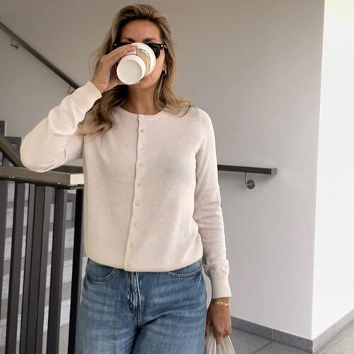 Basic fine knit cardigan cotton blend